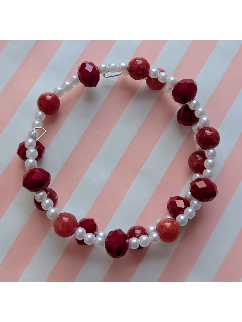 Red and white handmade memory wire beaded bracelet